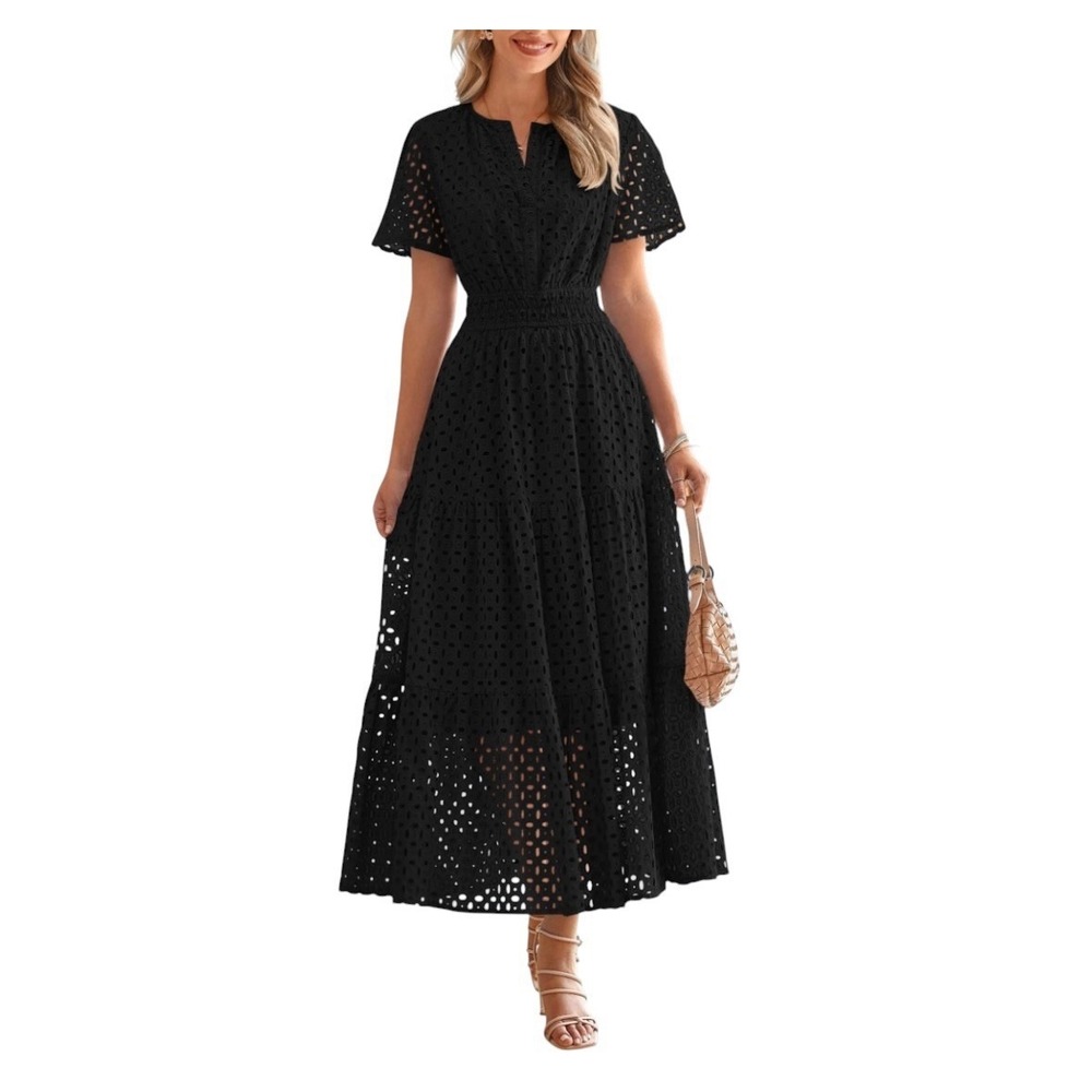 PRETTYGARDEN Womens 2025 Summer Maxi Dress Short Sleeve V Neck Eyelet XXL *flaw*